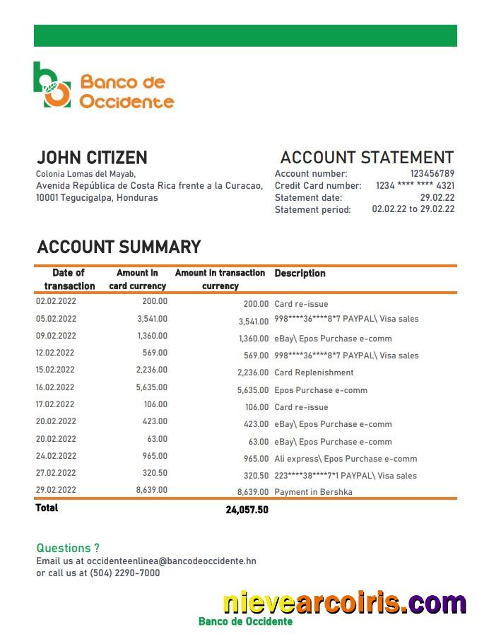Honduras Banco de Occidente statement
